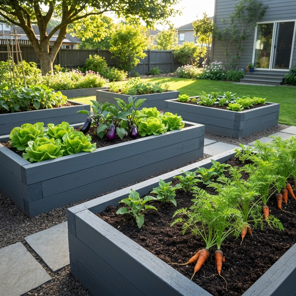 Beautiful elevated garden beds full of fresh vegetables