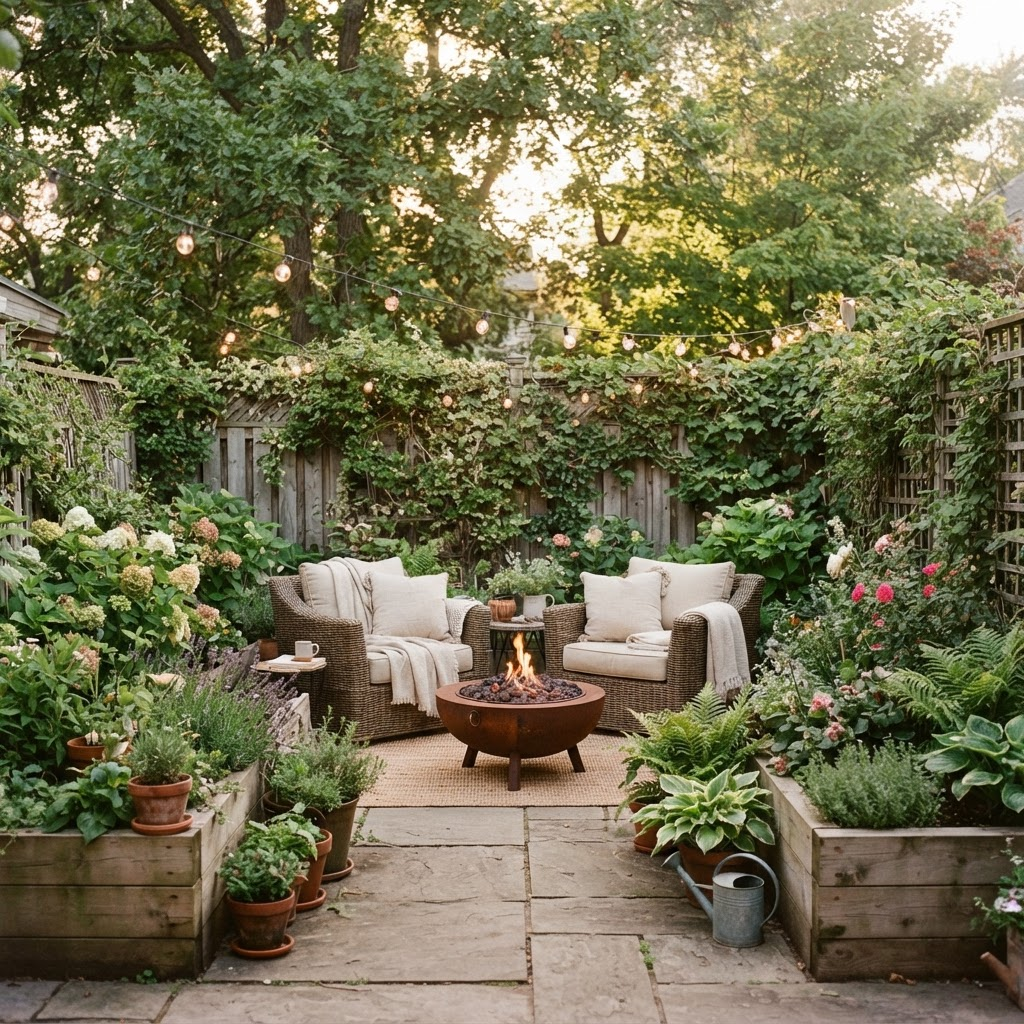 Cozy garden patio lounge area surrounded by lush raised garden beds