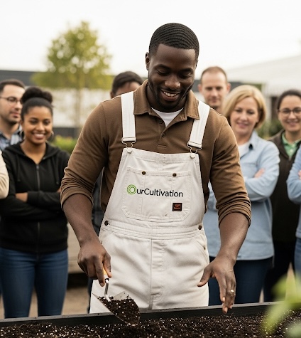 OurCultivation team member demonstrating professional gardening techniques