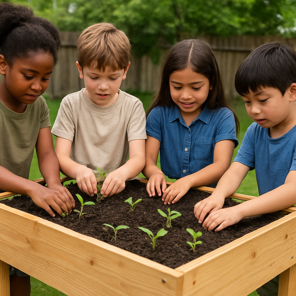 Close-up of healthy young plants in an elevated garden bed