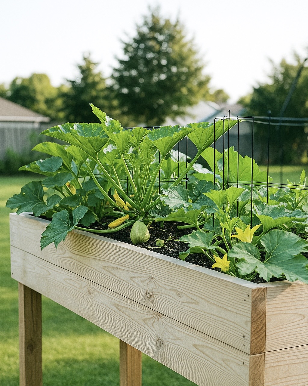 Professional raised garden bed with thriving squash and vegetable plants, featuring metal trellis support in a well-maintained residential backyard